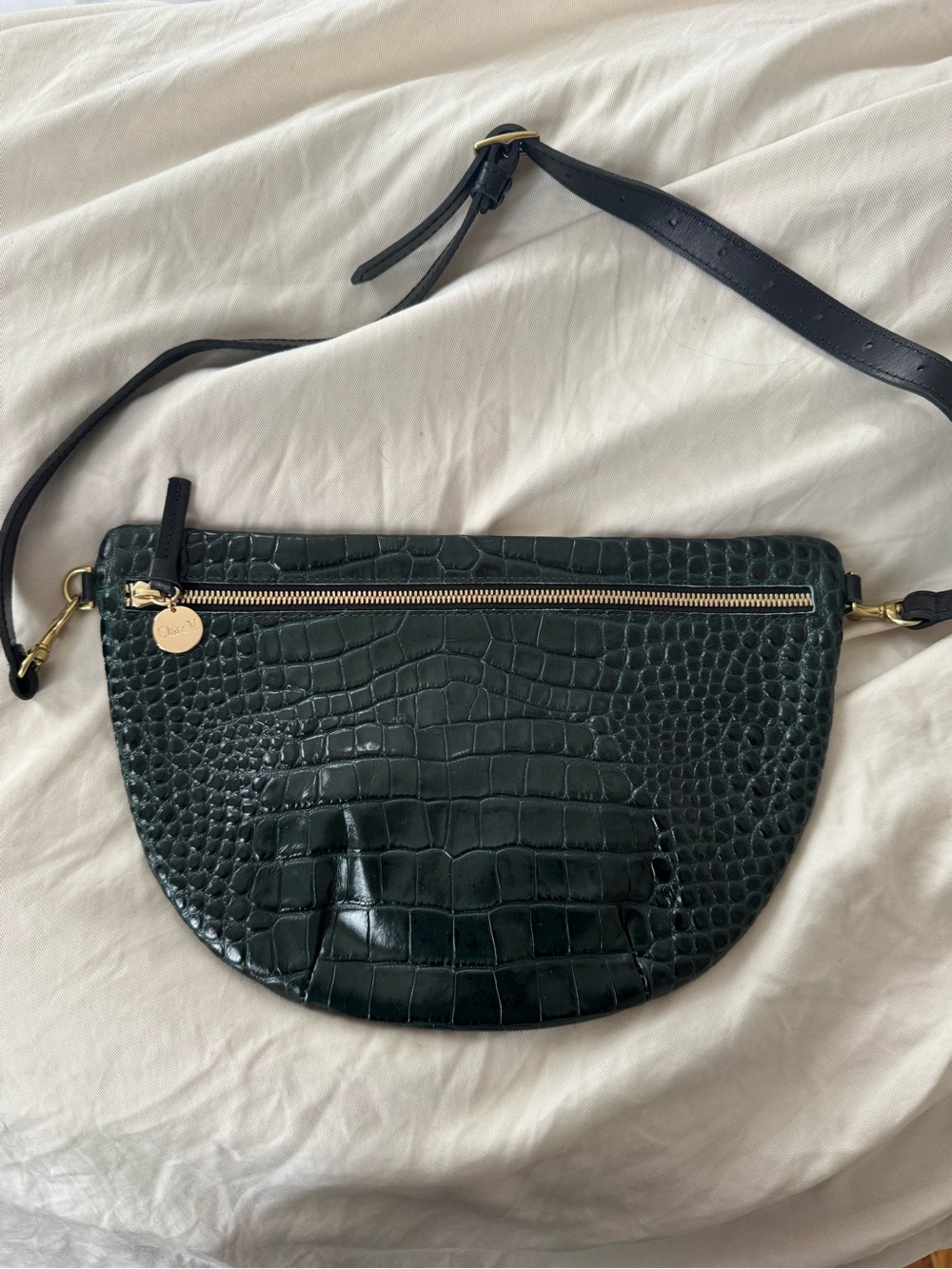 Clare V. Grande Fanny Croc-Embossed Half-Moon Crossbody Bag in Dark Green